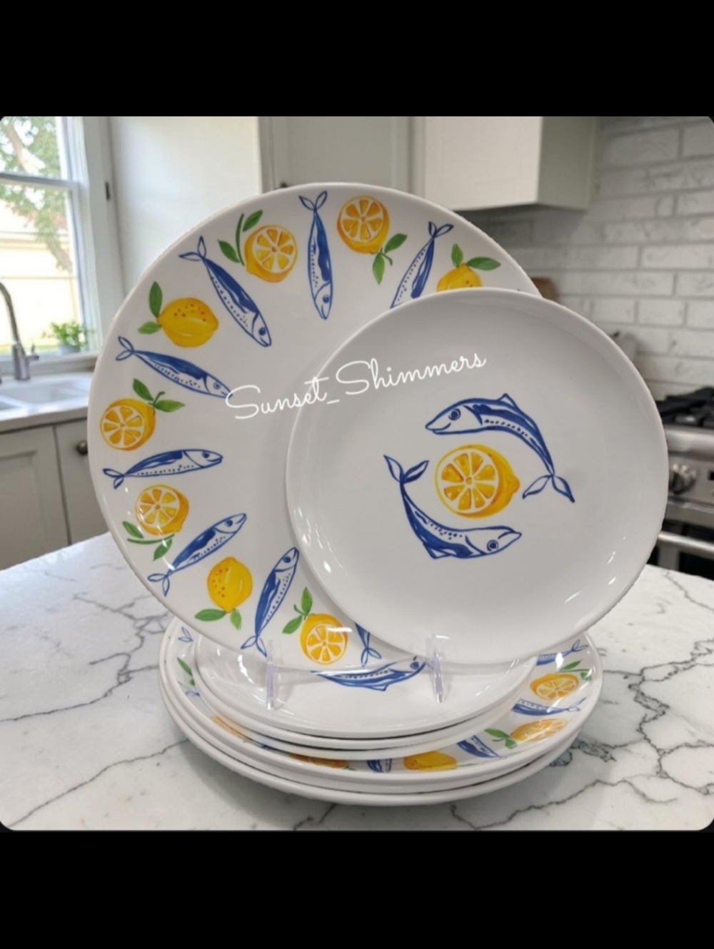 8 Tommy Bahama Mediterranean Sardine Fish Lemon MELAMINE Dinner Salad Plate Set